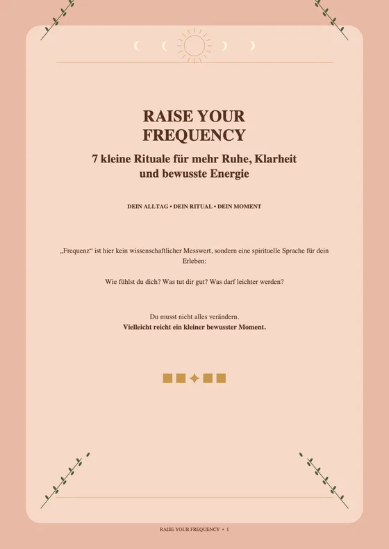 Titelseite „Raise your frequency: 7 kleine Rituale für mehr Ruhe, Klarheit und bewusste Energie“.