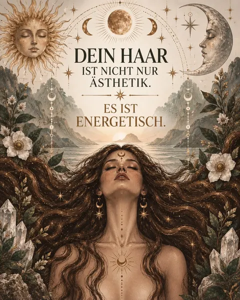 Illustration einer Frau mit langem Haar und dem Text „Dein Haar ist nicht nur Ästhetik. Es ist energetisch.“