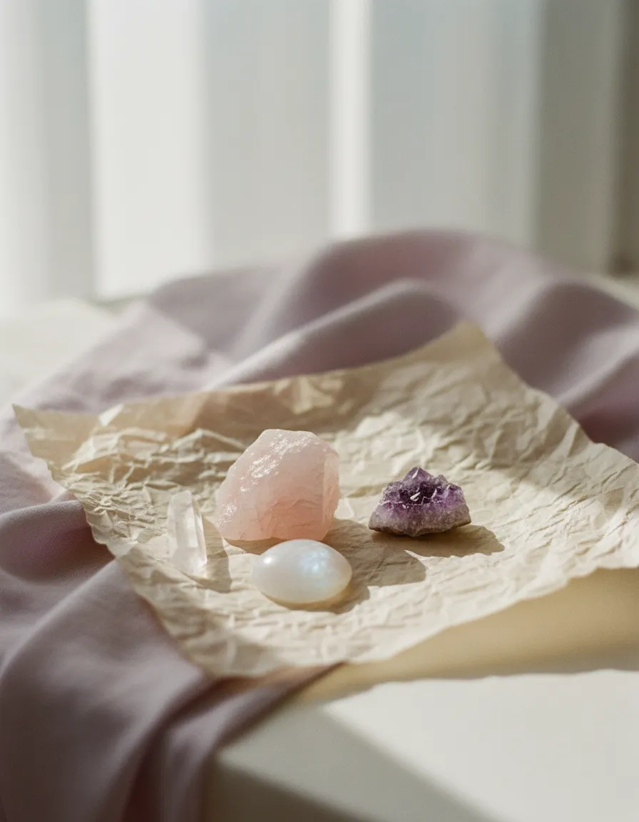 Rosenquarz, Amethyst, Bergkristall und Mondstein auf Papier und lavendelfarbenem Leinen im Morgenlicht.